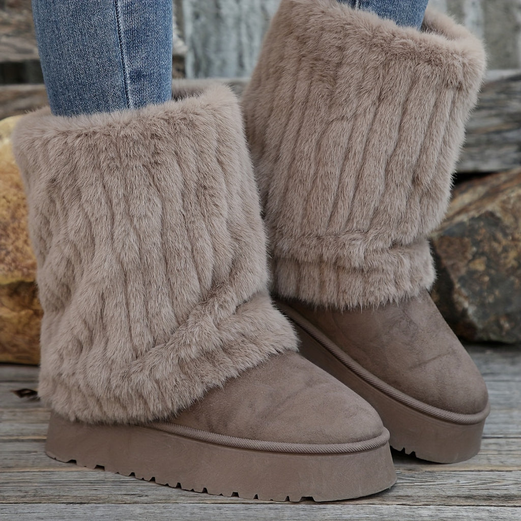 Botas de Inverno Femininas Plus Size com Gola e Borda Pelúcia - Solado Alto/Curso (Ajustável) para Neve, Cano Curto ou Longo em Bege Faux-Fur & Soleira Antiderrapante – Calçados Aconchegantes contra o Frio, Botas de Inverno para Mulheres, Roupas de Inverno para Mulheres, Botas, Botas de Neve para Mulheres, Roupas de Inverno para Mulheres, Botas para Mulheres de Inverno, Bota Feminina, Botas de Neve para Mulheres, Roupas de Inverno Femininas, Botas para Mulheres Tamanho Plus,