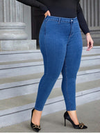 Jeans Justos de Tamanho Grande para Mulher | Cintura Subida, Ajuste Confortável, Tecido com Elasticidade Média, Comprimento Longo, Fecho de Zíper, Cor Lisa, Adequados para Todas as Estações