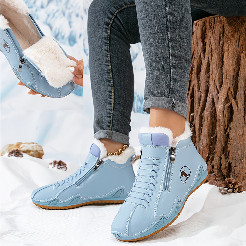 Botas de Inverno Femininas com Forro de Pelúcia, Fechamento de Zíper/Laço, Bico Redondo, Sola Baixa, Casual, Adequadas para Uso Diário, Lavável na Máquina, Espessura Aumentada - Cor Sólida (Tornozelo e Cano Curto)