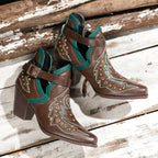 Botas de salto grosso com decoração de contas douradas para mulheres, design de fivela de moda, botas de tornozelo confortáveis para mulheres