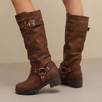 Botas de cavaleiro para mulheres - Botas de cano alto com plataforma grossa, cobertura de imitação para todas as estações, botas de cowboy para uso diário e formal - Tamanhos estendidos disponíveis - Sola de borracha antiderrapante fácil de limpar - Calçado de moda europeu/americanas, botas de cowgirl, calçado versátil, design de bique redondo, construção durável, uso casual, forro confortável, uso de escritório, calçado elegante, lavável à mão, escolha de botas fabulosas, bique, calçado acess