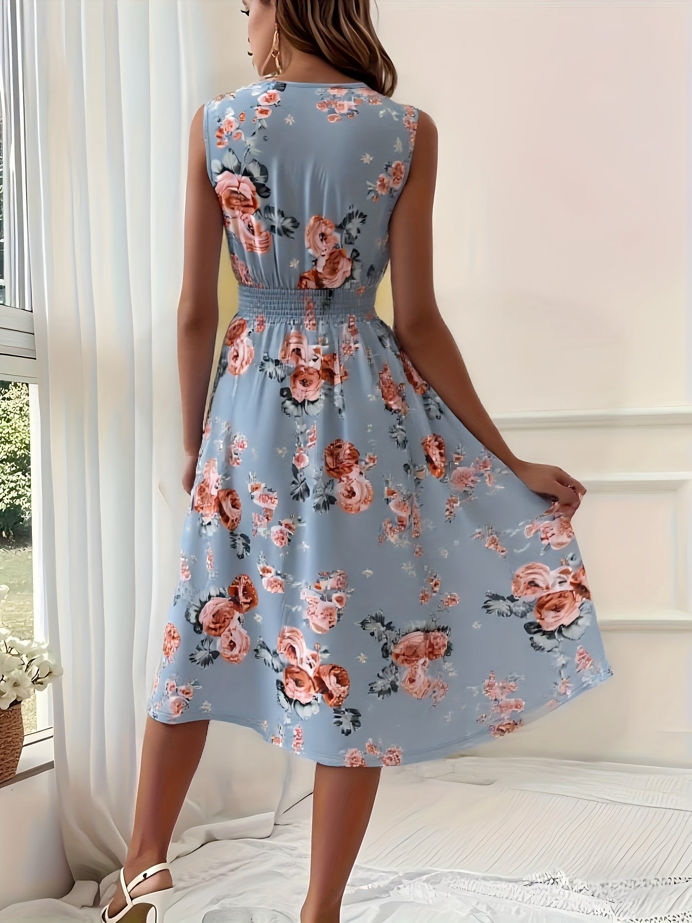 Vestido Feminino Elegante Decote em V Curto a Médio Comprimento A-Line - Sem Mangas, Cintura Smock, Estampa Floral Vermelho e Verde, Lavável à Máquina, Primavera Verão, Convidada de Casamento, Festa, Vestido Semi-Transparente para Mulheres