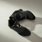 Botas Femininas de Tornozelo: Preto com renda bordada - salto bloco em malha, estilo Gótico e Bohemian. Presente ideal para mulheres, perfeitas para vestidos elegantes, festas, casamentos e viagens