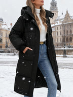 Jaqueta Puffer Feminina com Capuz para o Inverno - Casaco Impermeável com Bolsos, Acolchoado e Quente para Esqui, Snowboard e Passeios ao Ar Livre, Parka de Manga Longa até o Meio da Panturrilha (Lavagem Manual)