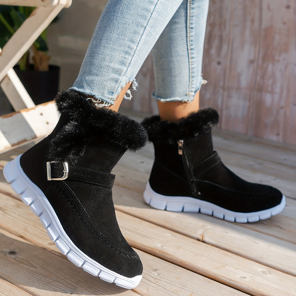 Botas de Inverno Femininas - Sola Espessa com Plataforma para Clima Frio, Sola em PU Antiderrapante, Fecho de Zíper, Interior Aveludado tipo Pelo Sintético - Sapatos Quentes para Looks Diários e Formais - Ylxhoa, Calçado Sazonal, Calçado Elegante, Construção Durável