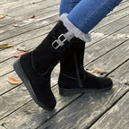 Botas de Inverno para Mulheres - Botas de Meia-Perna com Fecho de Zíper, Sola TR Antiderrapante - Forro Quente de Pele Falsa - Salto Baixo para Uso Diário e Formal - Sapatos Pretos para Clima Frio, Sapatos de Inverno, Calçado de Bico Redondo, Forro Interno de Pelúcia, Calçado Casual, Calçado Confortável, Forro Quente, Roupa de Escritório