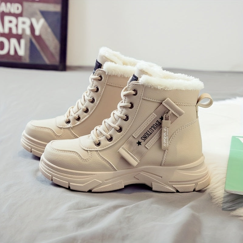 Botas de Inverno Grossas e Quentes para Mulher com Lã e Sola Grossa de PVC - Botas de Inverno de Dedo Redondo e Salto Médio com Atacadores e Parte Superior em PU, Botas de Inverno | Botas de Cano Médio com Atacadores | Botas com Cobertura em PU