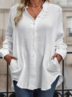 Tamanho grande - Roupas femininas de tamanho grande europeu e americano, camisas de manga comprida com bolsos para outono e inverno, camisas soltas de cor sólida com gola.