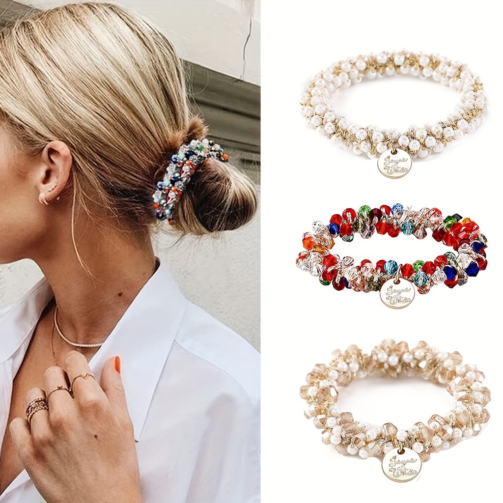Faixa de Cabelo Elástica Branca com Miçangas para Rabo de Cavalo - Acessórios Femininos (Conjunto de 3)