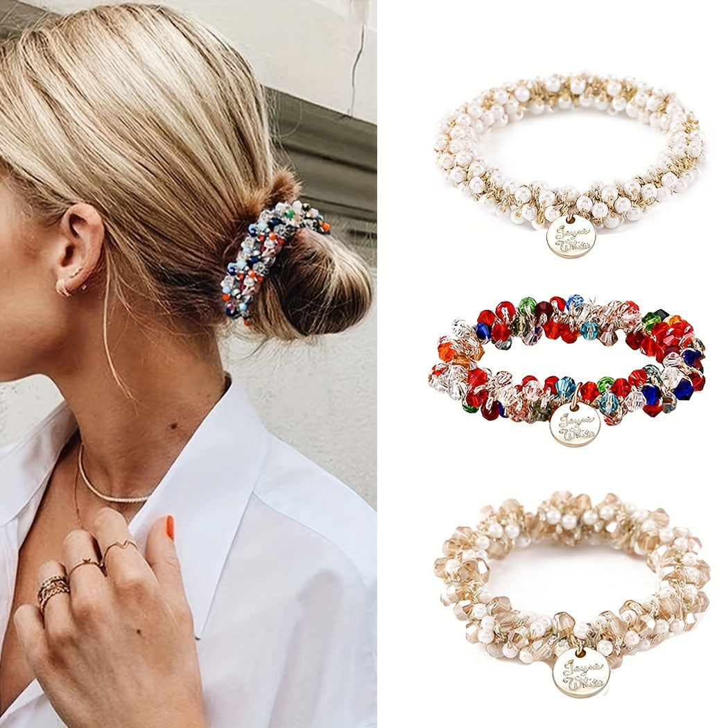 Faixa de Cabelo Elástica Branca com Miçangas para Rabo de Cavalo - Acessórios Femininos (Conjunto de 3)