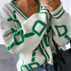 Chic Color Block Knit Cardigan - V-Neck Buttoned Elegance