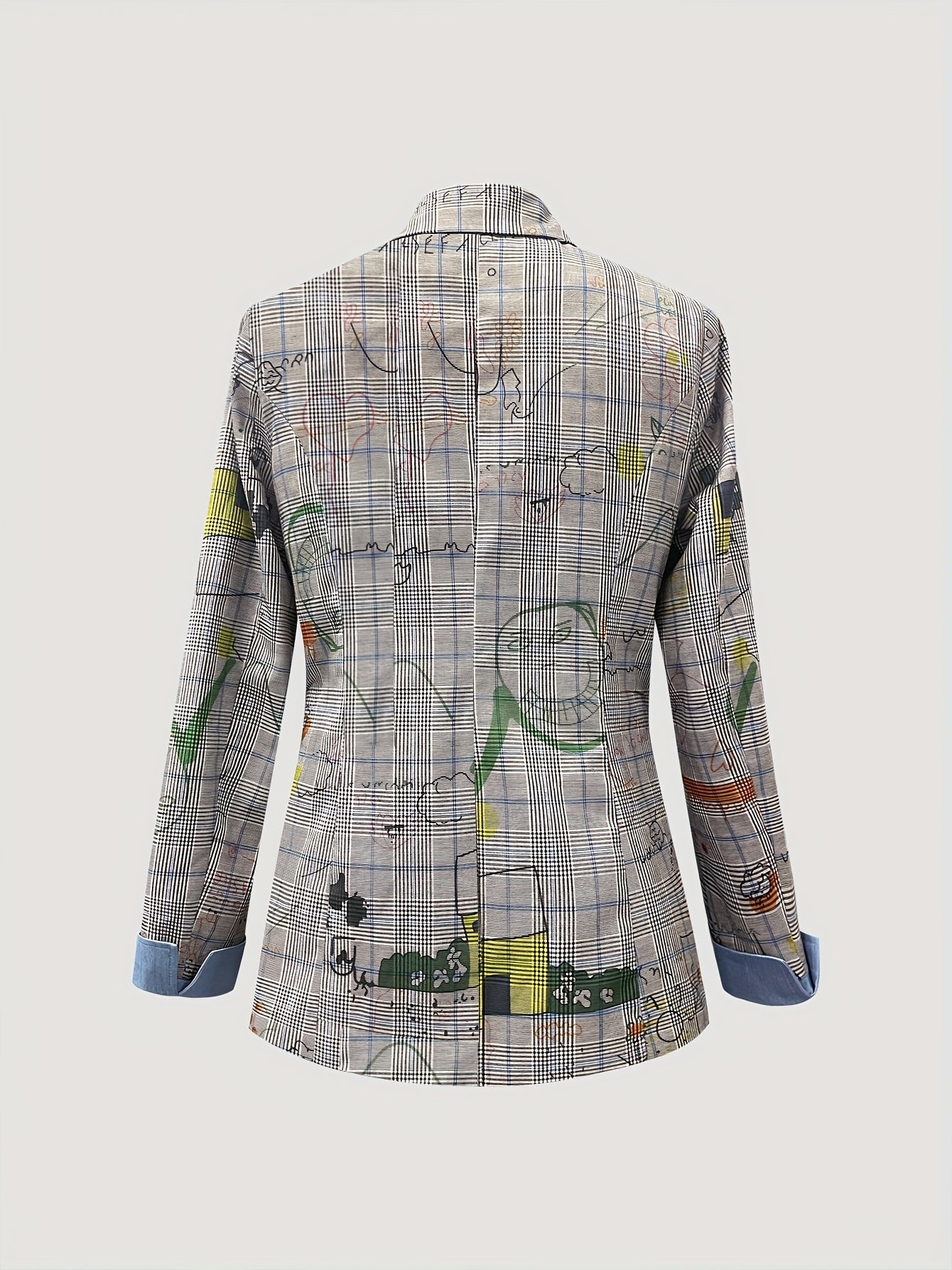 Blazer elegante de manga comprida para deslocações, moderno, com patchwork e estampado de graffiti nos punhos