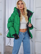 Jaqueta Acolchoada Elegante Bege Feminina - Casaco de Inverno Quente e Casual com Acabamento Preto, Mangas Compridas e Capuz com Zíper, Tecido de Poliéster para Conforto Externo