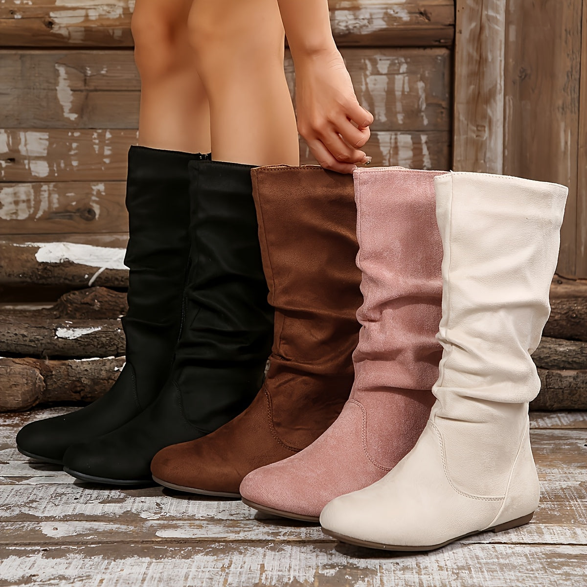 Botas femininas de cano médio com design plissado na parte lateral e zíper, ideais para combinar com saias ou calças no outono/inverno