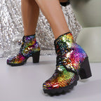  Botas de Tornozelo Chiques para Mulheres com Lantejoulas Coloridas - Respiráveis, com Cadarço e Salto Grosso para a Moda de Inverno