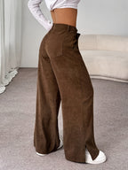 Calças de Bombazine de Perna Larga Elegantes para Mulher | Cor Sólida, Comprimento Longo Confortável, Estação Outono/Inverno, Corte Normal, Racha Lateral, Sem Cinto