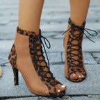 Sapatos de salto alto em malha para mulher, com salto fino, biqueira aberta e atacadores, botins elegantes para vestir