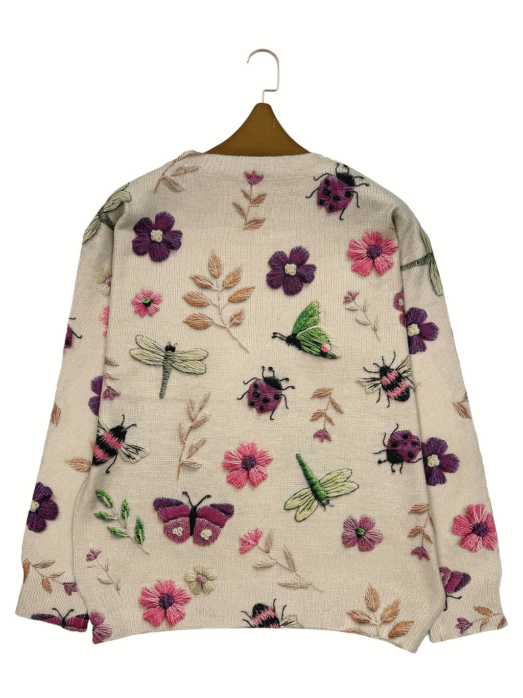 (Impressão Digital 2D) [Estampa Total] [Leve] [Suéter] Suéter de Malha Leve com Estampa Completa de Insetos, Gola Redonda Casual e Manga Longa, Moda Feminina