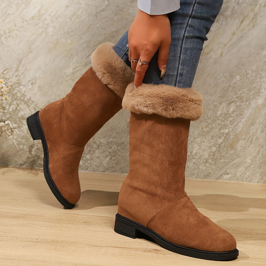 Botas Clássicas de Pelúcia para Mulher | Toque Suave, Conforto Quente de Inverno, Slip-on, Salto com Plataforma, Altura de Salto Médio