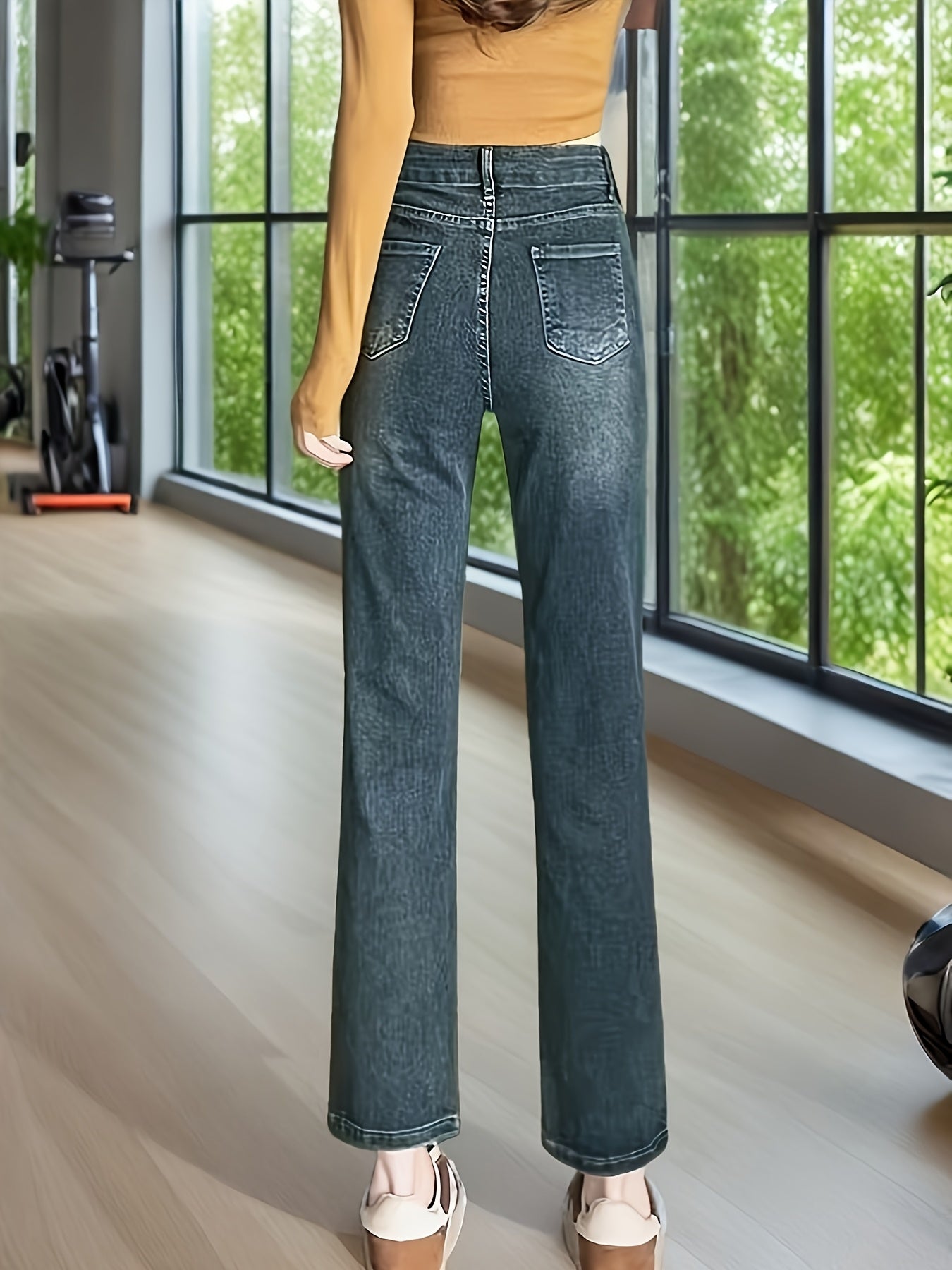 Calças de ganga de cintura alta para mulheres - Ajuste slim, perna reta, comprimento recortado, fecho de correr, calças de fim de semana casuais, uso casual | Calças de ganga bordadas | Botões decorativos, calças de cintura alta