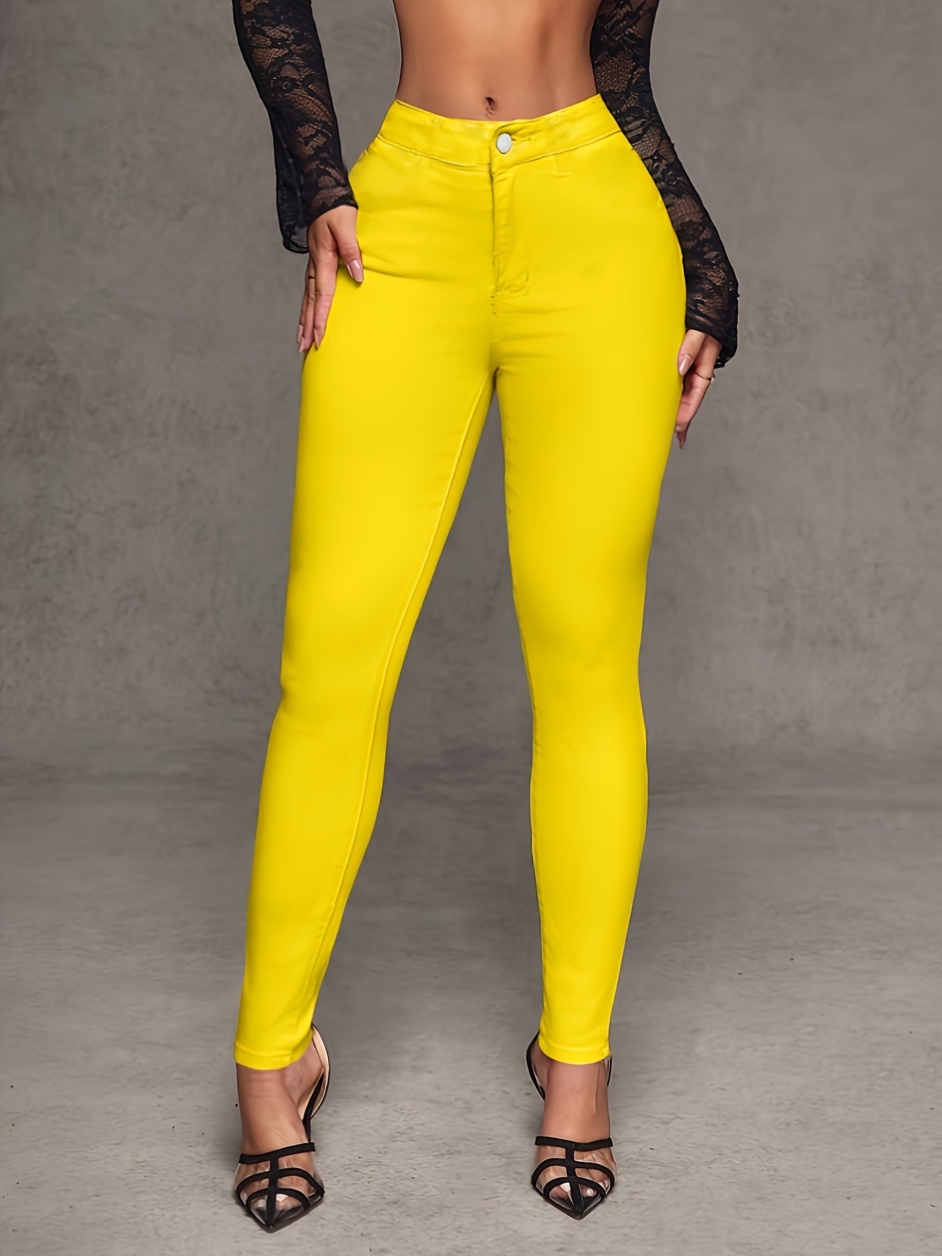 Calças Skinny de Cintura Alta para Mulheres - Pretas Elegantes e Reta com Fechamento em Botão & Zíper Interno, Confortáveis para Todas as Estações, Do Casual ao Formal (Lavável à Mão)