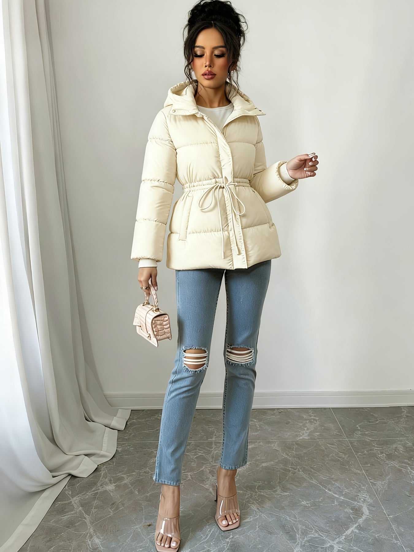 Casaco de Inverno Preto Elegante para Mulher - Silhueta H-Line de Manga Comprida com Fecho de Zíper Frontal, Tecido Sem Elasticidade de Corte Solto para Clima Frio