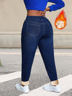 Jeans Skinny Azuis de Corte Plus Size com Cordão | Detalhe Elegante de Inverno em Cor Sólida e Alta Elasticidade