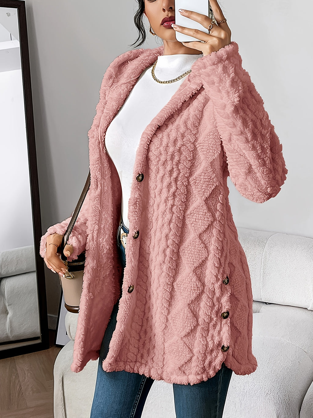Casaco Cardigã com Capuz de Pelúcia Jacquard Quente e Fashion para Outono-Inverno