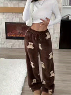 Novo Modelo de Calças Casuais Quentes para Outono-Inverno, Estampa de Urso, Corte Largo e Solto, Calças Longas Femininas