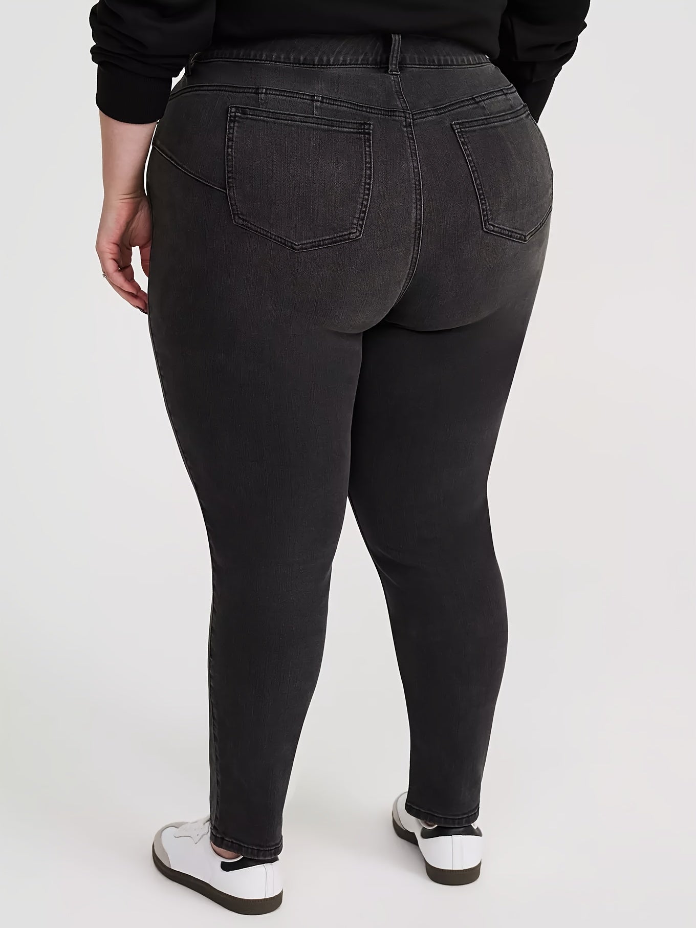 Calças Jeans Skinny de Cintura Alta Plus Size Feminina - Calças de Denim Elástico com Controle de Barriga, Lavagem Escura Preta (Do Casual ao Formal) | Ajuste para Todas as Estações | Lavável na Máquina | por Senlin District (Amiga das Curvas)