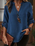 Camisa de Imitação de Denim Cinza Claro Plus Size Feminina - Blusa Elegante Casual de Manga Longa e Gola Redonda, Lavável à Máquina para Primavera/Verão, Design Minimalista, Textura Semelhante a Linho, Tecido Não Transparente, Combinável com Leggings, Material Respirável, Estilosa