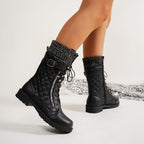 Comfyfit, Botas Femininas de Forro de Fleece Confortáveis até a Meia-Perna - Xadrez Casual, Zíper Lateral, Salto Baixo para Andar de Moto no Inverno & Estilo Ocidental, Botas de Moto