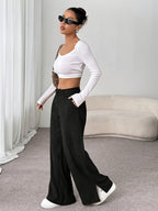 Calças de Bombazine de Perna Larga Elegantes para Mulher | Cor Sólida, Comprimento Longo Confortável, Estação Outono/Inverno, Corte Normal, Racha Lateral, Sem Cinto