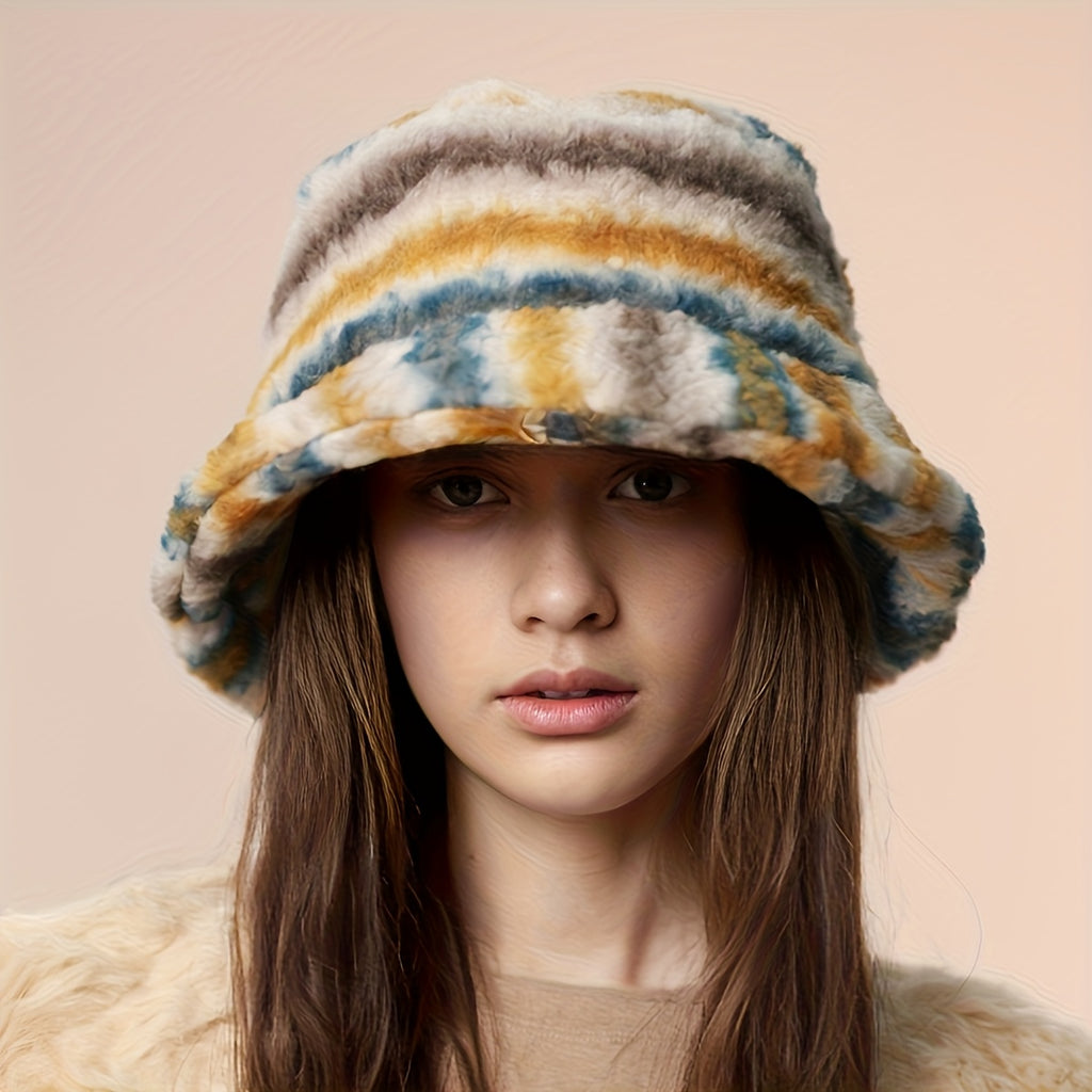 1pc Chapéu de Pescador Feminino - Chapéu Balde Leve e Quente para o Inverno com Estampa Aleatória, Pele Sintética Macia, Ajustável 55.88-60.96 cm para Natal & Uso Diário, Design Facial, Chapéus de Inverno, Acessório Festivo, Padrão Tiedye