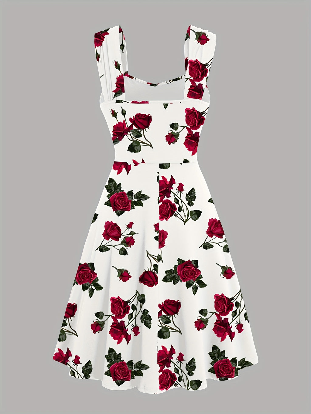 Vestido Feminino com Estampa de Rosa Vermelha e Ombros Descobertos com Alças Cruzadas à Frente & Franzidos - Vestido Elegante Casual em Linha A para Primavera Verão Outono, Moda Sazonal | Material Não Transparente, Vistosos