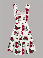 Vestido Feminino com Estampa de Rosa Vermelha e Ombros Descobertos com Alças Cruzadas à Frente & Franzidos - Vestido Elegante Casual em Linha A para Primavera Verão Outono, Moda Sazonal | Material Não Transparente, Vistosos