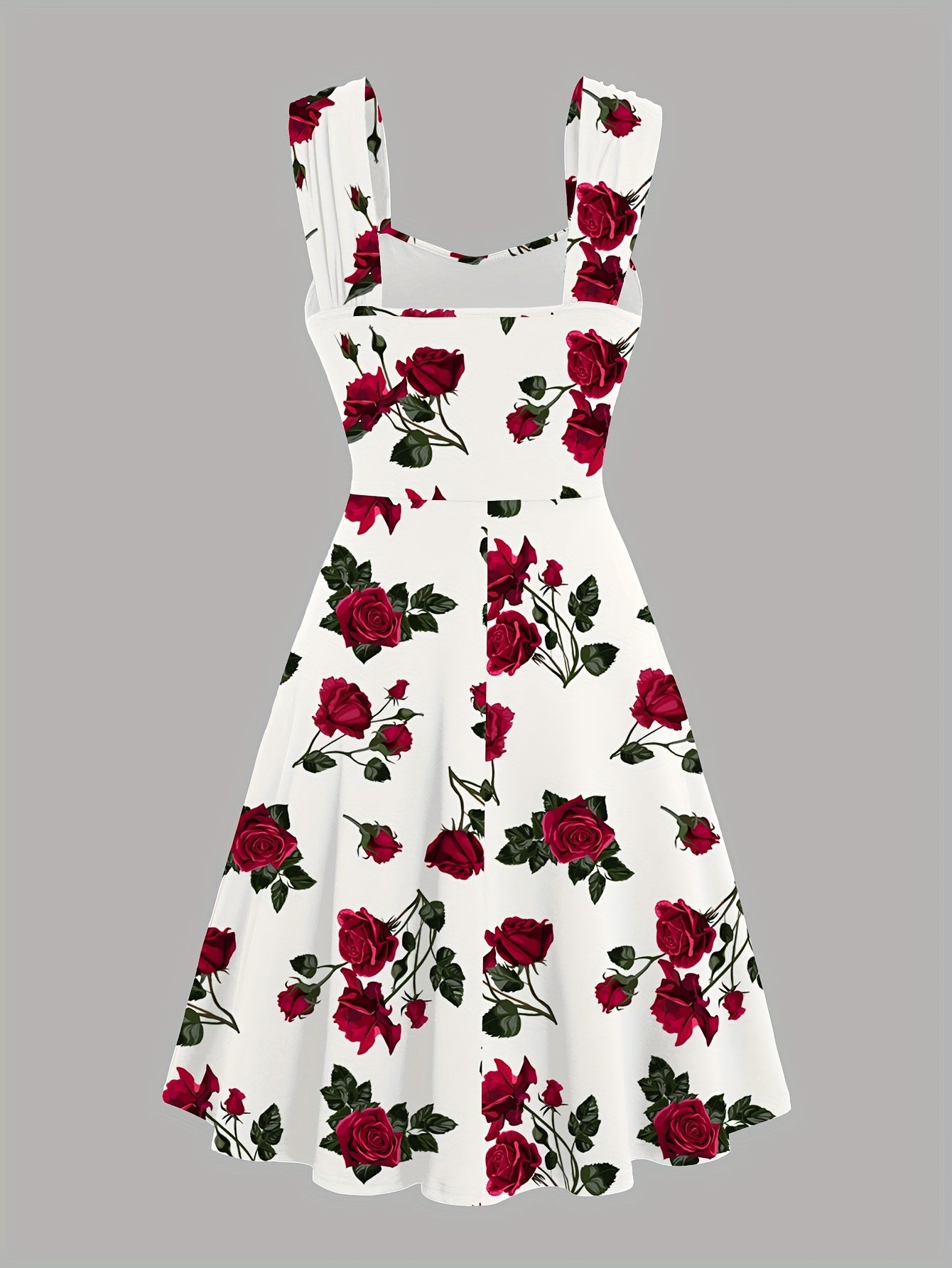 Vestido Feminino com Estampa de Rosa Vermelha e Ombros Descobertos com Alças Cruzadas à Frente & Franzidos - Vestido Elegante Casual em Linha A para Primavera Verão Outono, Moda Sazonal | Material Não Transparente, Vistosos