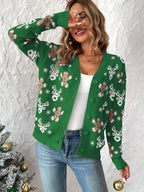 Suéter Feminino Fan Flo de Natal com Rena e Flocos de Neve - Decote em V com Botões, Manga Longa Canelada, Lavável à Máquina, Pulôver Casual Elegante para Festas de Inverno, Padrão Festivo, Tecido Durável, Elasticidade Média