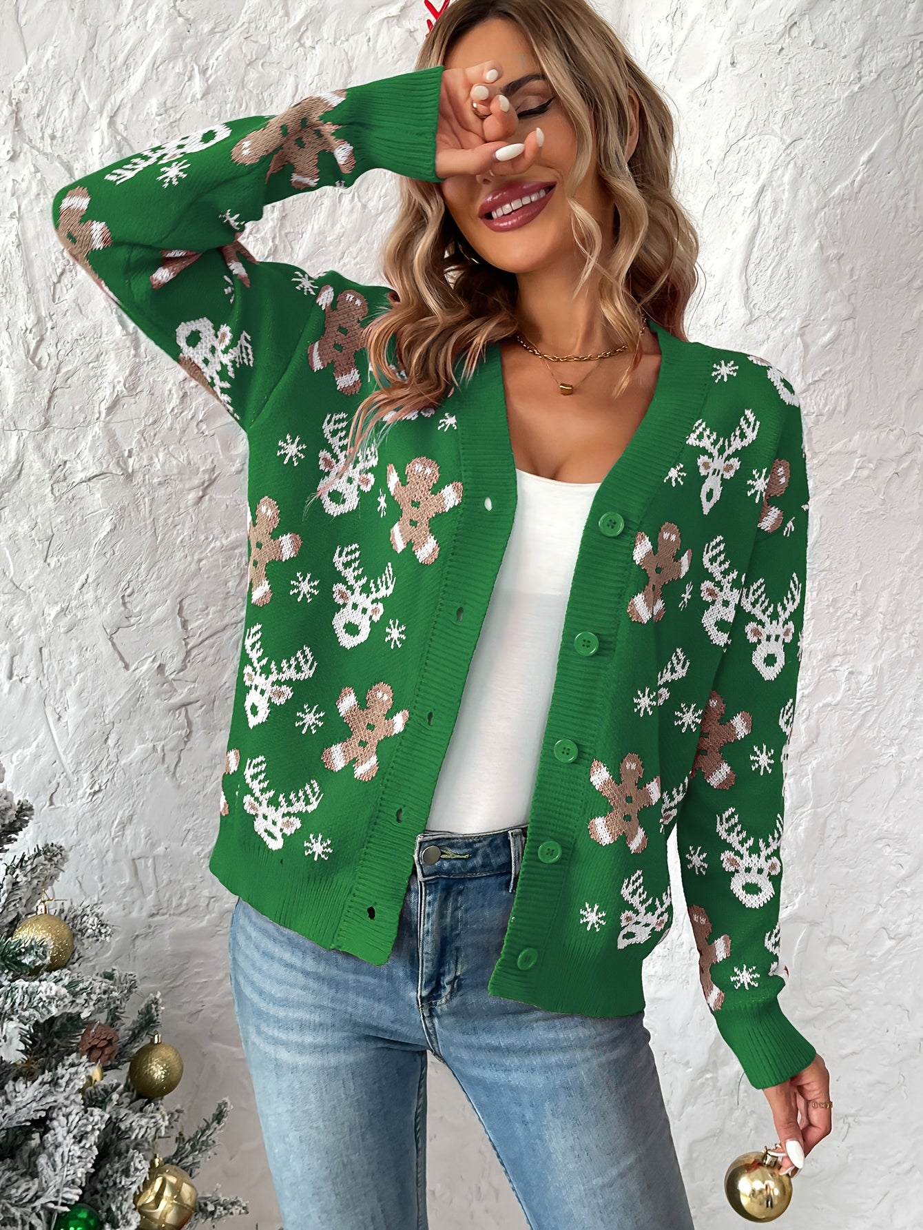Suéter Feminino Fan Flo de Natal com Rena e Flocos de Neve - Decote em V com Botões, Manga Longa Canelada, Lavável à Máquina, Pulôver Casual Elegante para Festas de Inverno, Padrão Festivo, Tecido Durável, Elasticidade Média