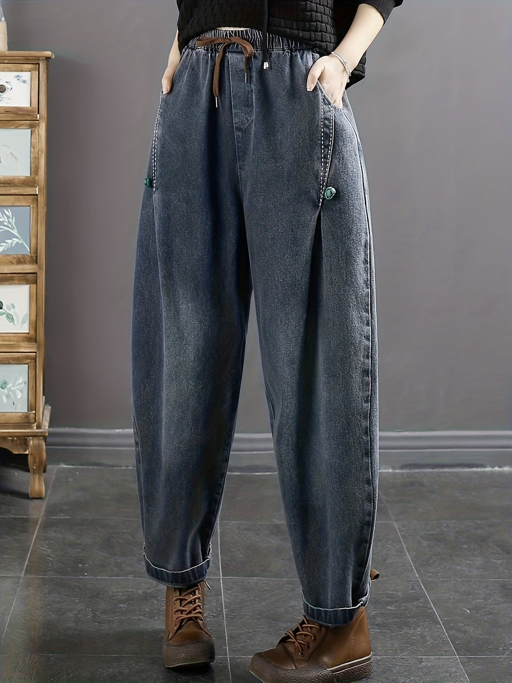 Calças Harlan Femininas Tamanho Grande - Cintura Elástica, Jeans Oversized Lavados, Ideais para Inverno, Uso Casual e Camadas, Calças Confortáveis de Bonusemption