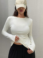 Top de manga comprida com forro de lã para mulheres - Rosa suave, textura ribana, detalhe de botão, perfeito para outono e inverno, estilo casual, roupa casual | Top de textura ribana | Top forrado de lã, top de lã/inverno para mulheres