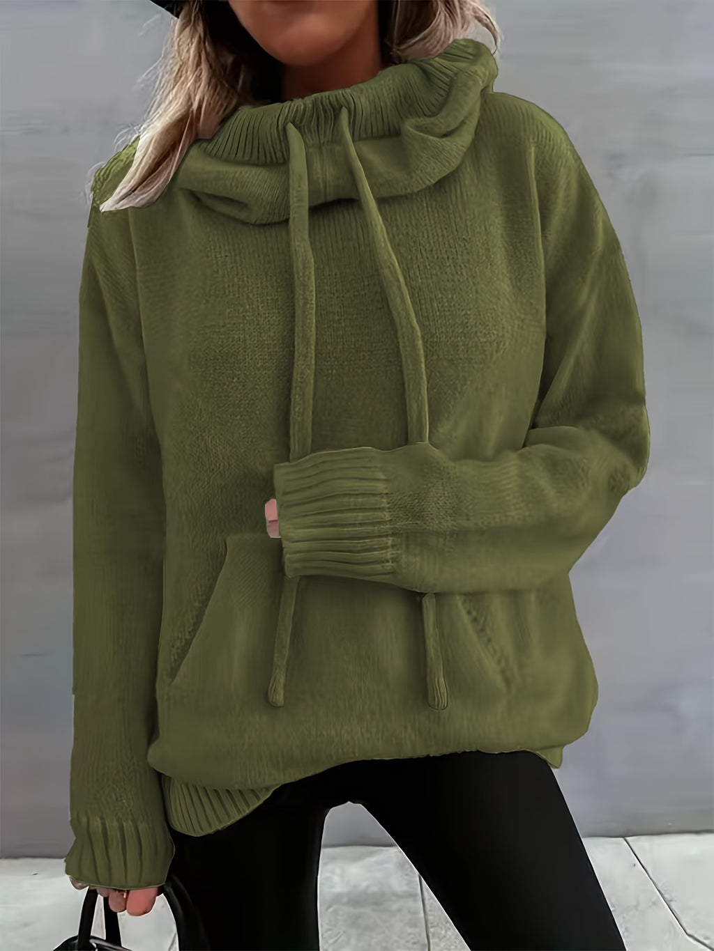 2025 Nova Outono E Inverno Mulher Casual Versátil Cor Sólida Com Cordão Bolsa Capuz Pulôver