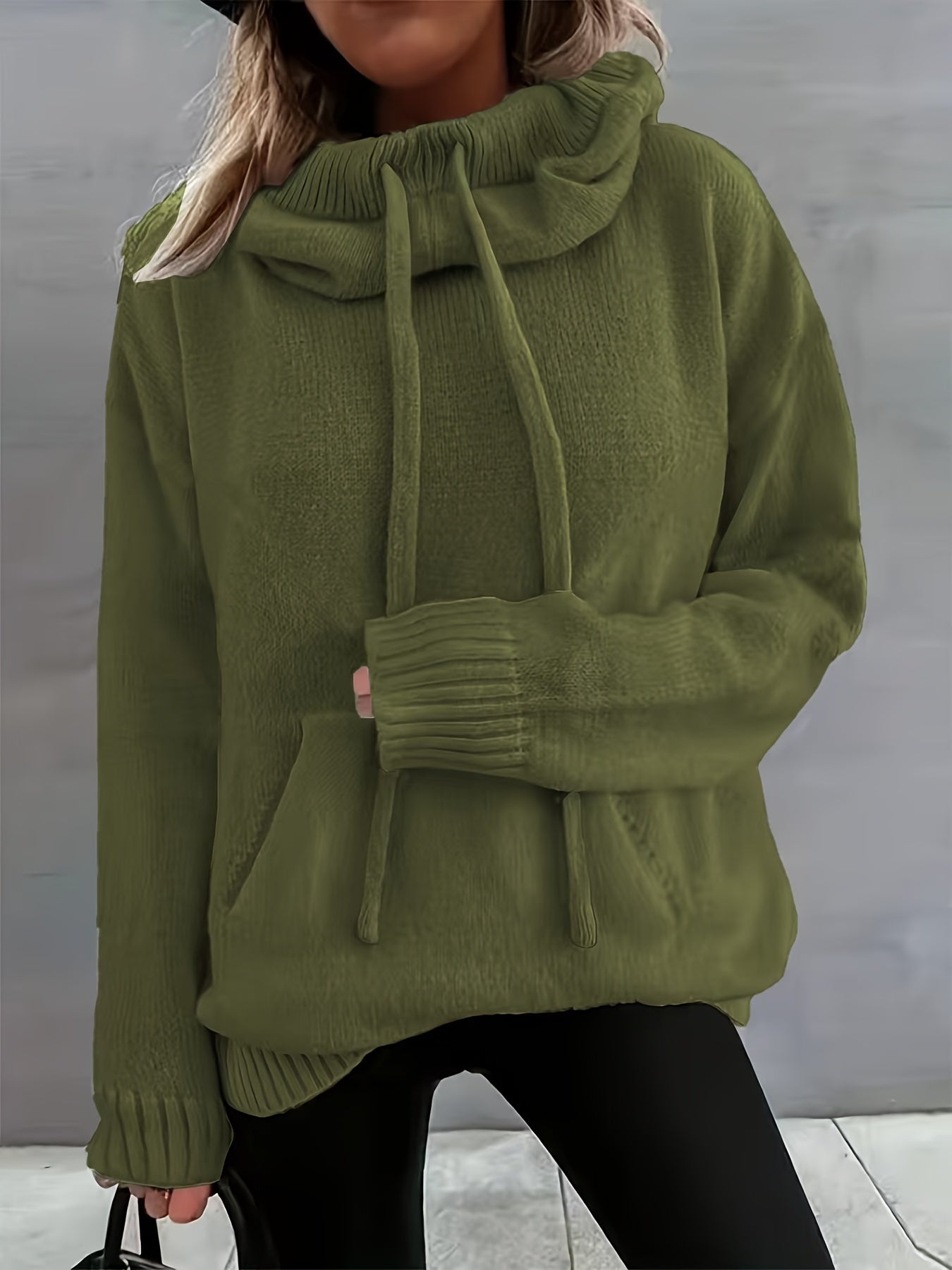 2025 Nova Outono E Inverno Mulher Casual Versátil Cor Sólida Com Cordão Bolsa Capuz Pulôver