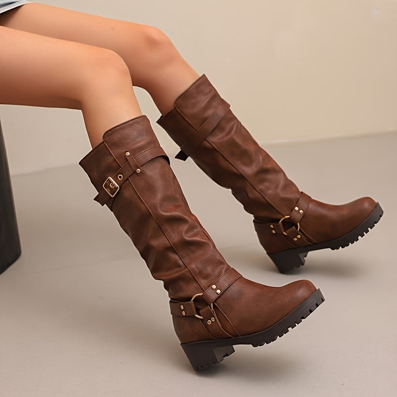 Botas de cavaleiro para mulheres - Botas de cano alto com plataforma grossa, cobertura de imitação para todas as estações, botas de cowboy para uso diário e formal - Tamanhos estendidos disponíveis - Sola de borracha antiderrapante fácil de limpar - Calçado de moda europeu/americanas, botas de cowgirl, calçado versátil, design de bique redondo, construção durável, uso casual, forro confortável, uso de escritório, calçado elegante, lavável à mão, escolha de botas fabulosas, bique, calçado acess