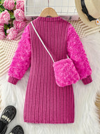 Vestido para meninas e bolsa de cor sólida. A blusa de gola redonda e manga longa é feita de tecido canelado aveludado, com mangas estampadas em padrão de botões de rosa em material fofo como rosas peludas—ideal para uso casual ao ar livre na primavera ou outono