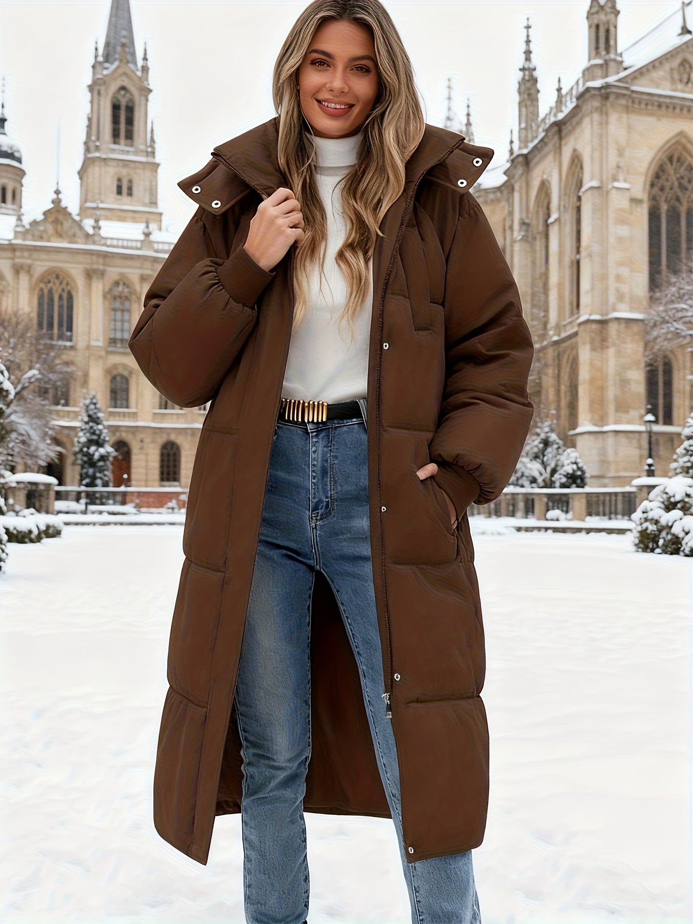 Jaqueta Puffer Feminina com Capuz para o Inverno - Casaco Impermeável com Bolsos, Acolchoado e Quente para Esqui, Snowboard e Passeios ao Ar Livre, Parka de Manga Longa até o Meio da Panturrilha (Lavagem Manual)