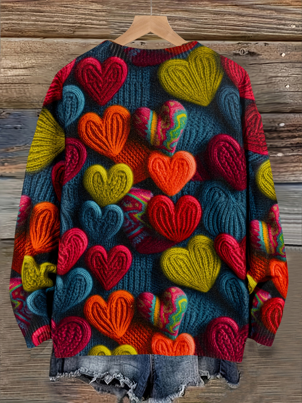 Tamanho Grande - Camisola Elegante Feminina com Padrão de Corações | Época de Outono, Gola Redonda, Manga Comprida, Corte Oversize, Pulôver com Estampado Digital