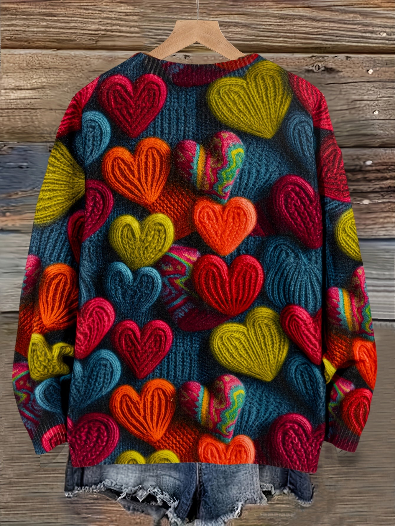 Tamanho Grande - Camisola Elegante Feminina com Padrão de Corações | Época de Outono, Gola Redonda, Manga Comprida, Corte Oversize, Pulôver com Estampado Digital