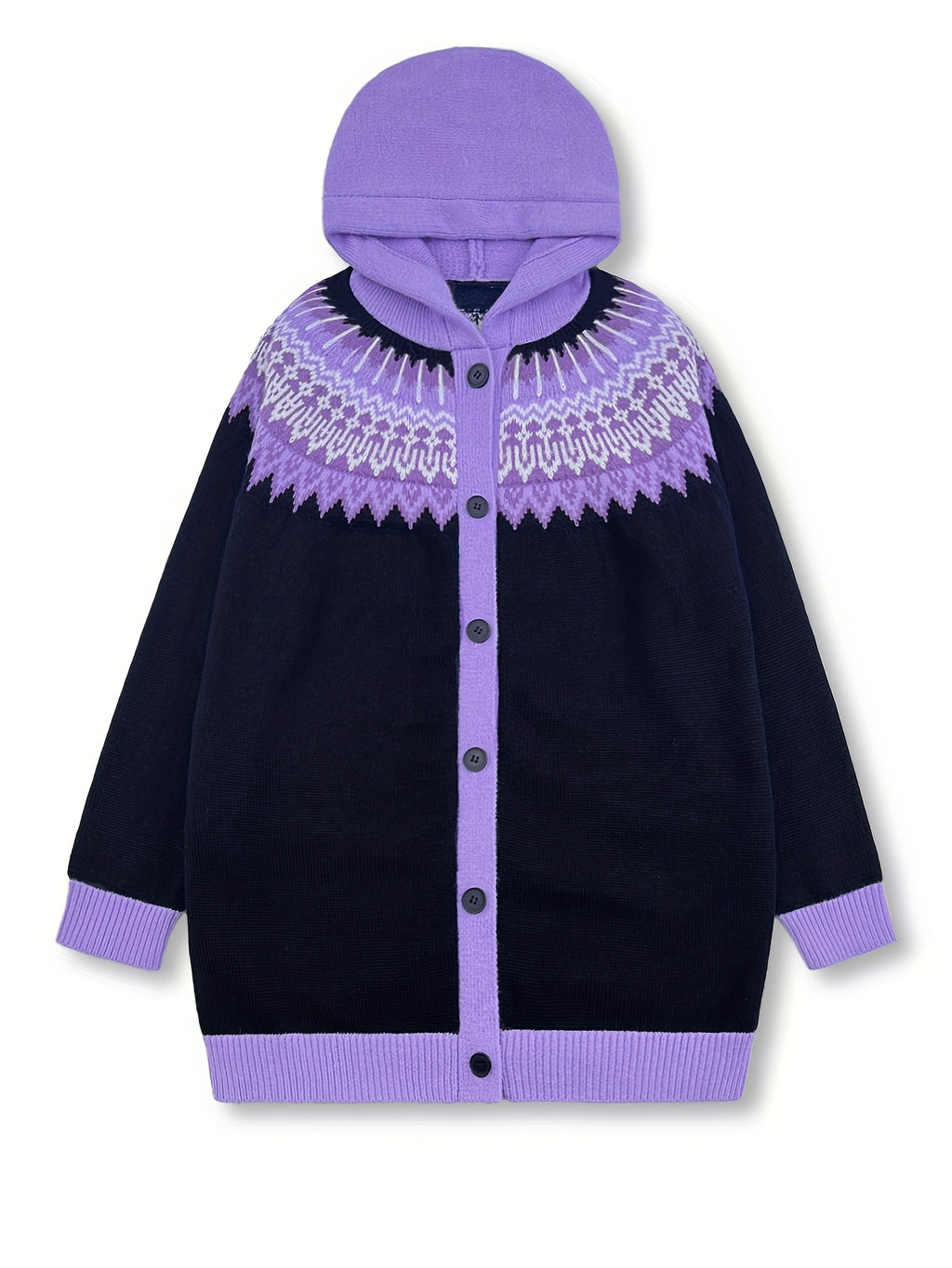 Casaco Plus Size Feminino de Inverno, Elegante com Capuz, Jacquard Macio e Grosso em Degradê de Montanha e Geleira, Tie-Dye, Confortável e Casual, Cardigan Vintage para Presente ou Dia a Dia