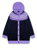 Casaco Plus Size Feminino de Inverno, Elegante com Capuz, Jacquard Macio e Grosso em Degradê de Montanha e Geleira, Tie-Dye, Confortável e Casual, Cardigan Vintage para Presente ou Dia a Dia